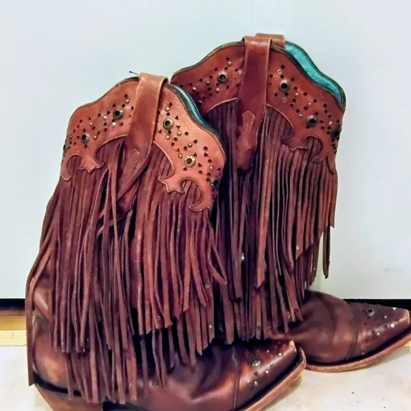 Corral Brown Leather Fringe Boots - Picture 1 of 6